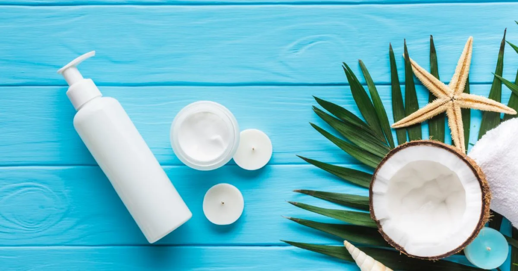 A bottle of lotion,A box of cream and a coconut are appearing 