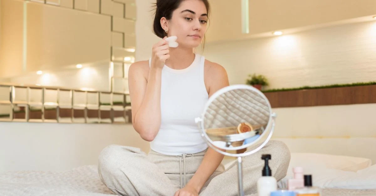 a beautiful woman applying shiner on her face