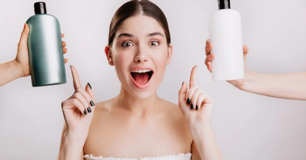 A woman is excited and showing two bottles of lotion