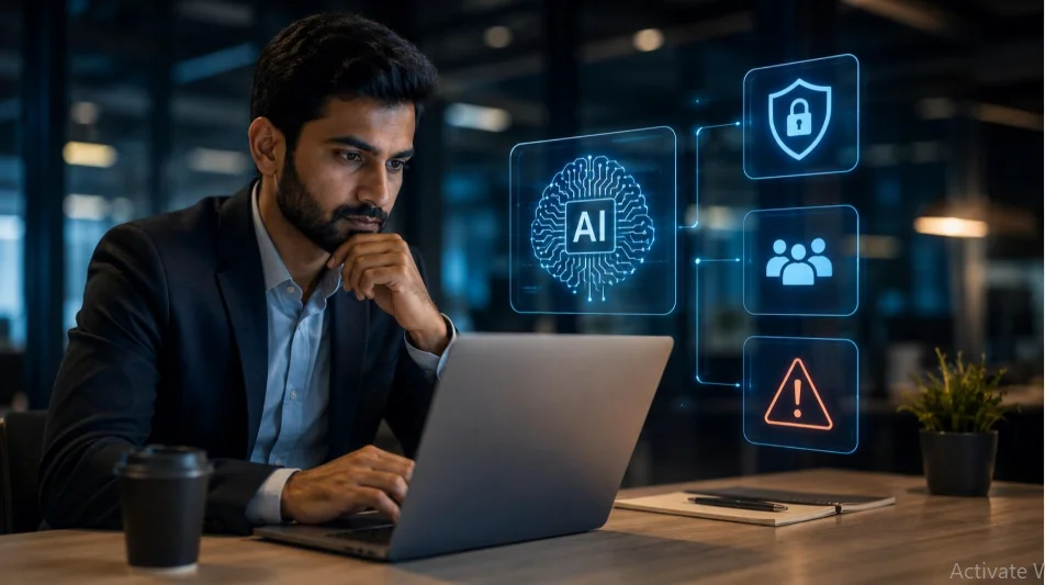 Person reviewing digital information while considering AI privacy and security.