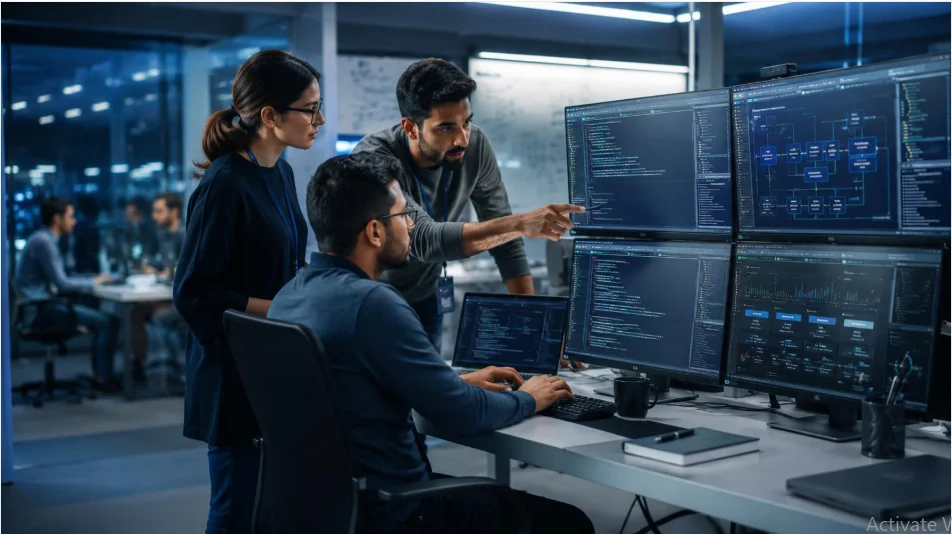 Technology company professionals working on software development