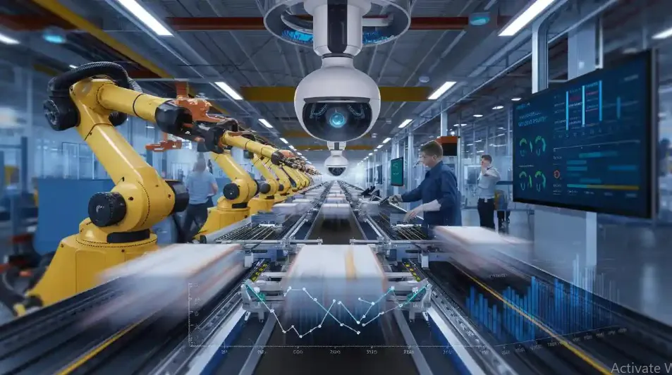 AI and computer vision supporting a robotic arm in a modern factory.