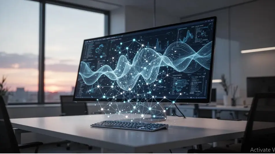 Computer displaying abstract data patterns used in artificial intelligence.