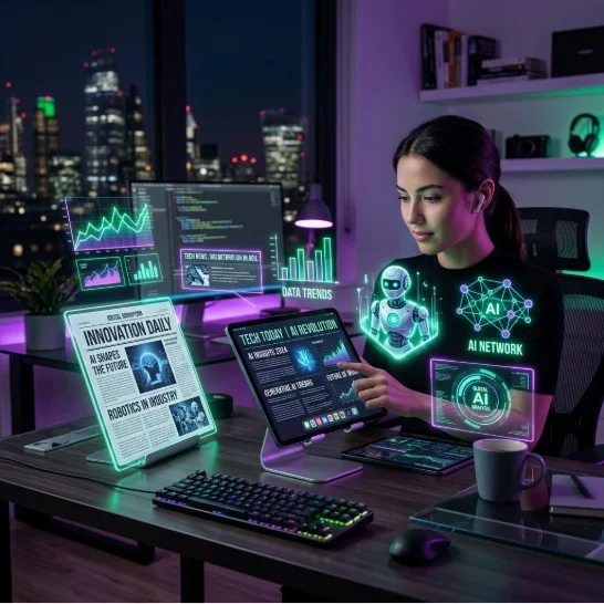 Latest news and technology trends displayed on a modern computer workstation