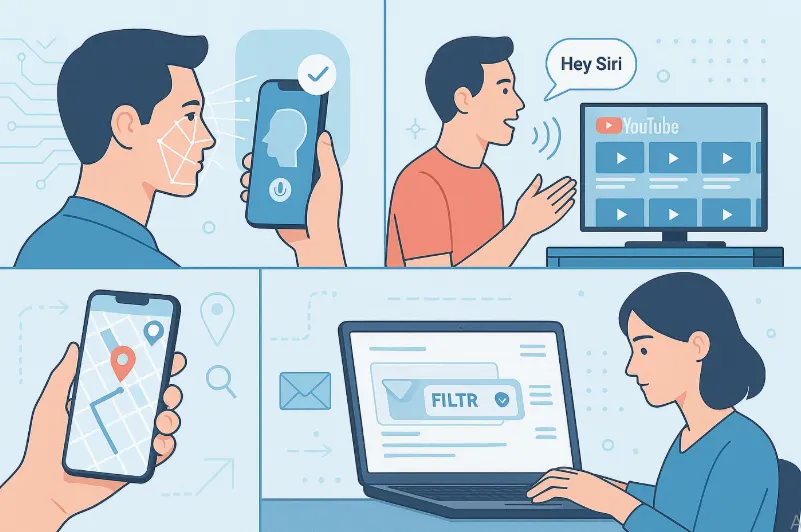 Everyday narrow AI examples including voice assistants and recommendation systems.