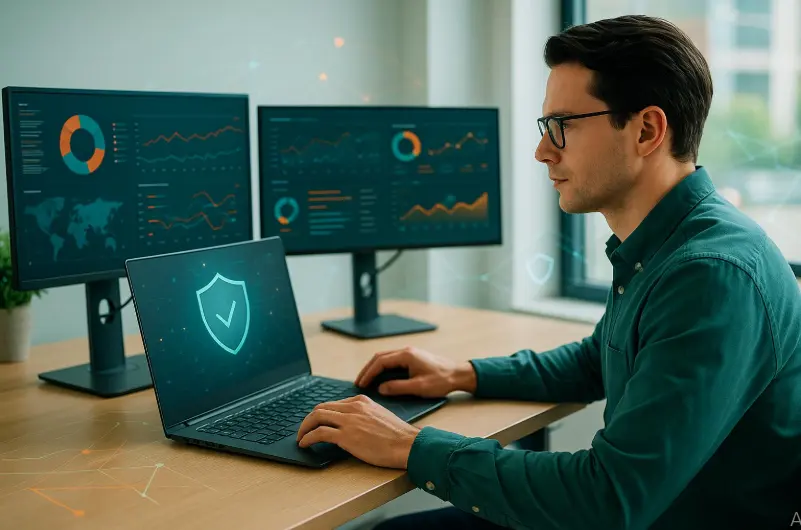 Person reviewing digital information while considering AI privacy and safety.